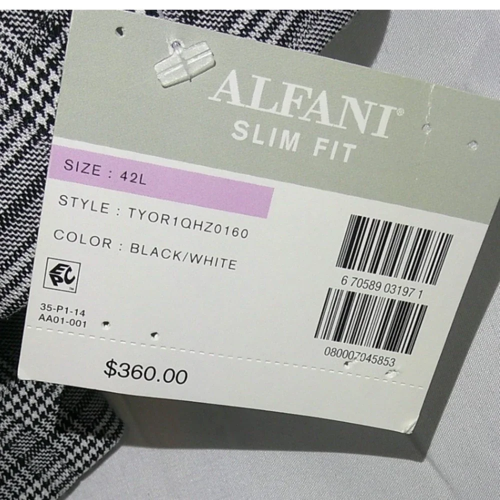 Alfani Slim Fit Blazer 42L Black‎ Gray White Plaid Pattern Jacket $360 NWT